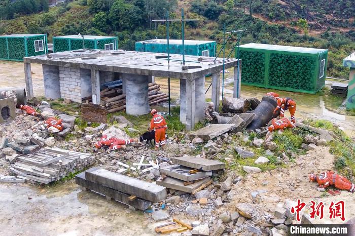 搜救犬、無(wú)人機(jī)配合救援行動(dòng)?！〔虦Y藝 攝